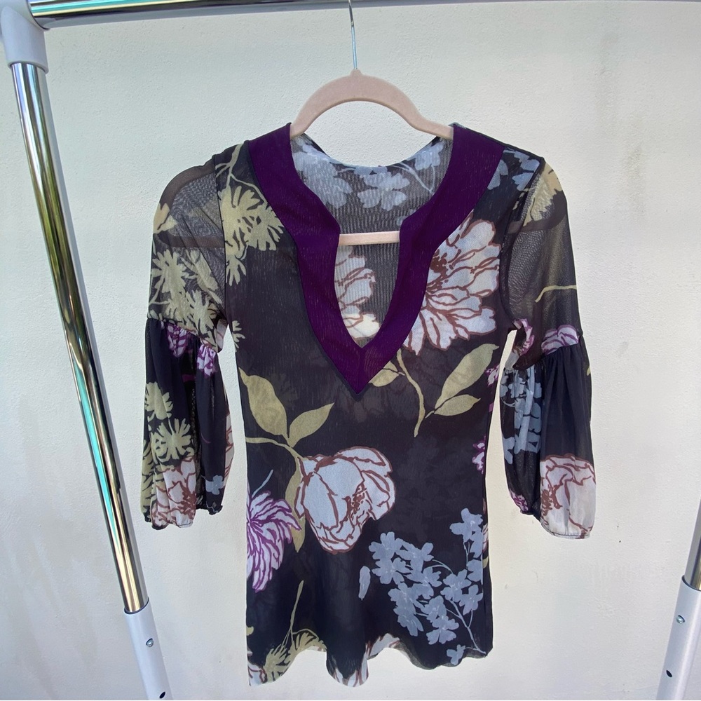 Y2K Euro Purple Multicolor Floral Mesh Fairy Blouse Size Medium